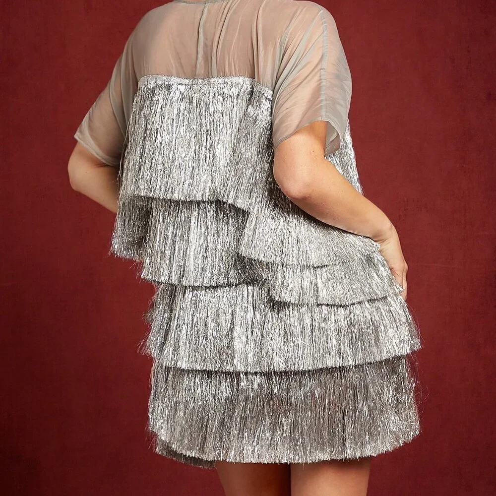 Grey Party Women's Contrast Layered Metallic Fringe Mini Dress